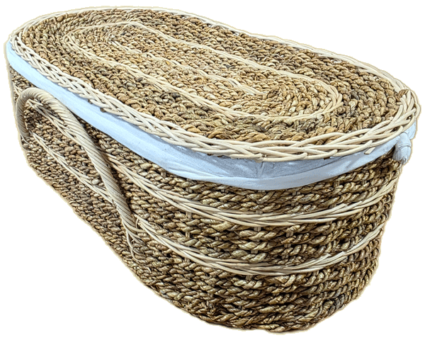 natural pet casket in biodegradable rattan with banana fibers and cotton cloth lining