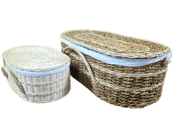 size comparison of small and large natural pet casket in biodegradable rattan with cotton cloth lining