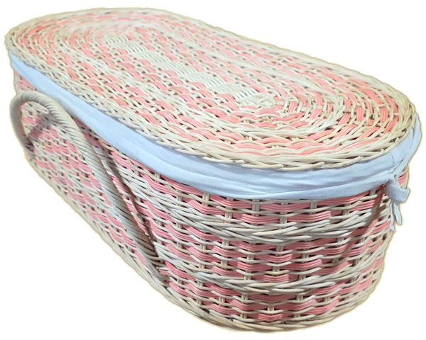 natural pet casket in biodegradable rattan with soft pink accents and cotton cloth lining