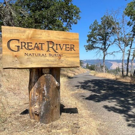 Great River Natural Burial entrance road and sign