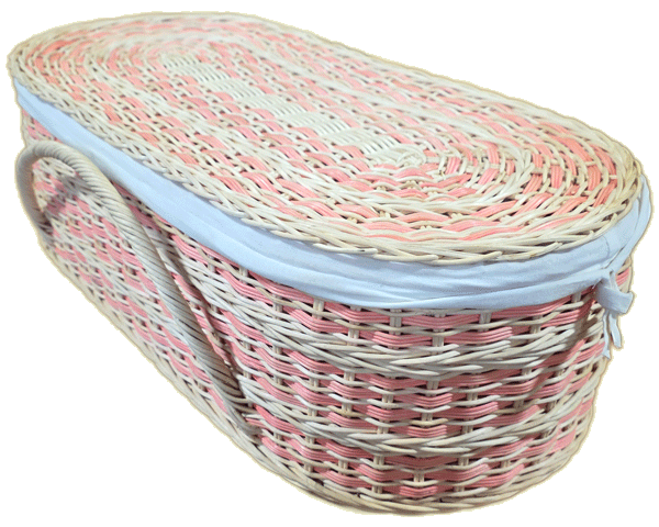 natural pet casket in biodegradable rattan with soft pink accents and cotton cloth lining