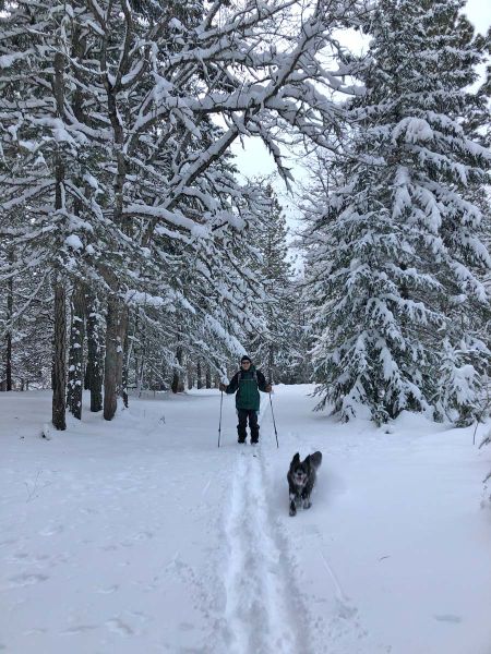 cross-country skiing trails in winter at Great River Natural Burial property near the Columbia River