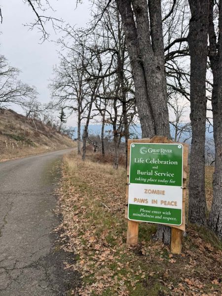 Great River Natural Burial entrance sign advising of burial in progress